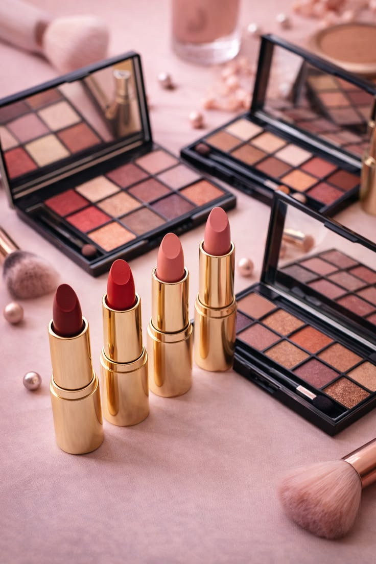 Lipsticks and eyeshadow palette makeup flatlay